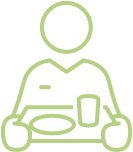 Outline of a person with a plate and cup representing assisted living services.