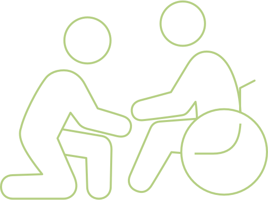 Icon of a caregiver assisting a person in a wheelchair, depicted in green line art.