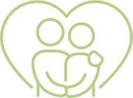 Simple green line icon of two people hugging inside a heart symbol, representing memory care