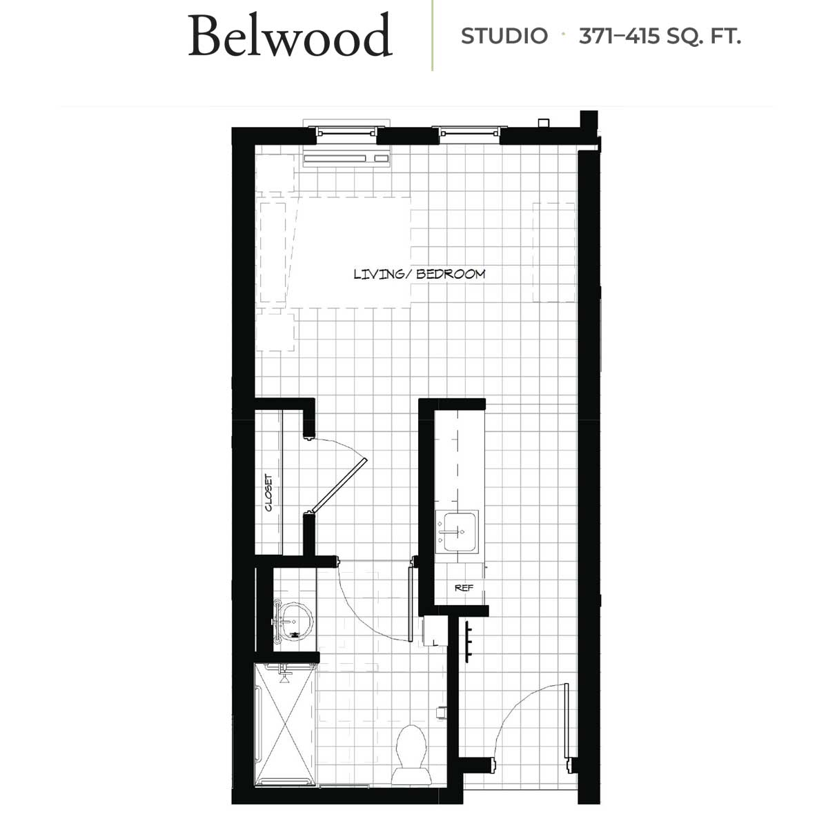 Belwood Studio apartment floor plan showing layout with living area, kitchen, bathroom, and closet.