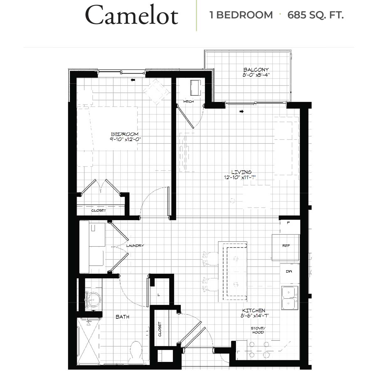 Floor plan of the 685 sq. ft. Camelot one-bedroom apartment with living, kitchen, bath, and balcony