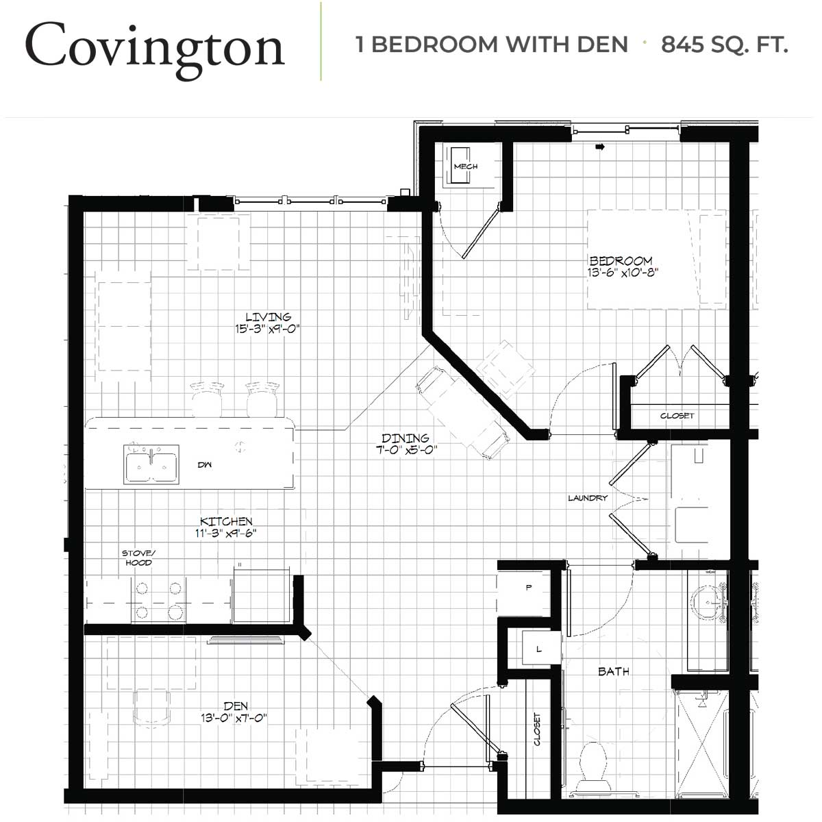 Detailed floor plan of Covington apartment with 1 bedroom, den, kitchen, living and dining areas.