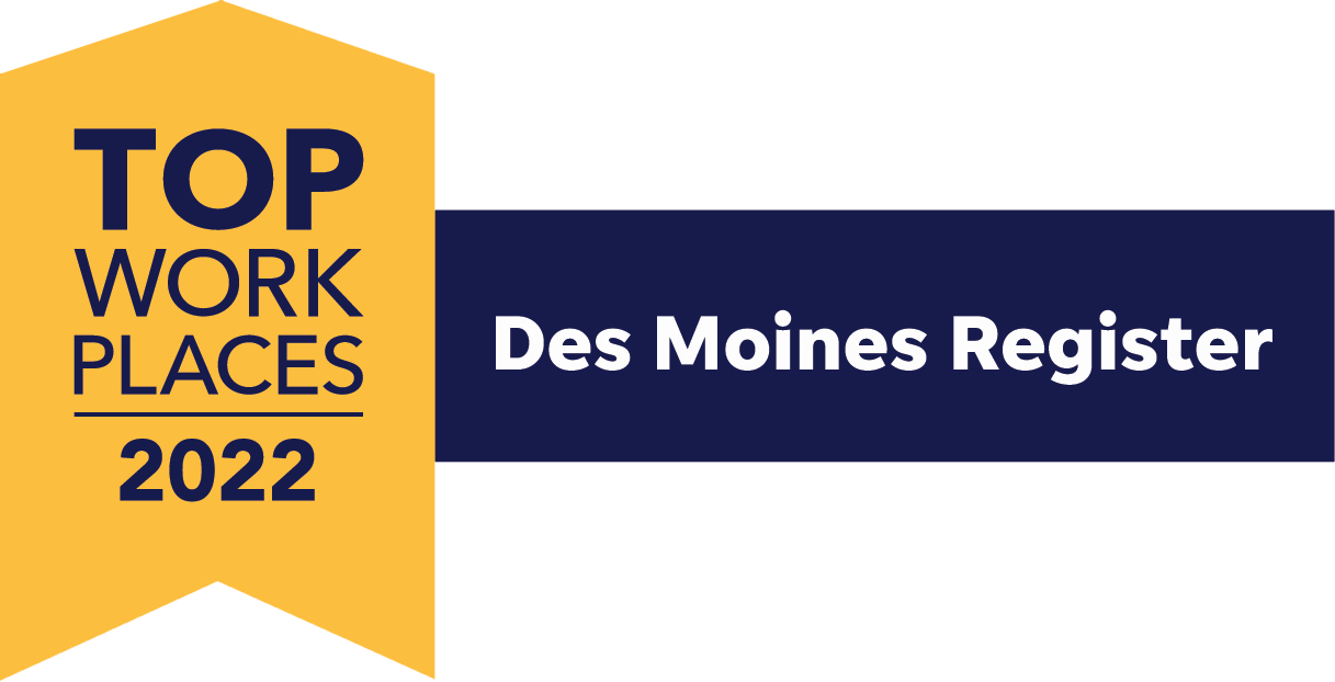 Des Moines Register Top Workplaces 2022 award badge with yellow and navy colors.