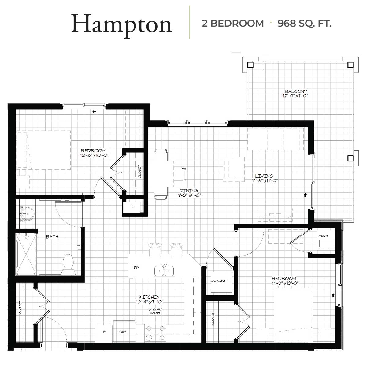 Detailed floor plan of a two-bedroom, 968 square foot apartment unit named Hampton with a balcony.