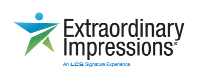 Logo of Extraordinary Impressions with a green and blue abstract human figure symbol on the left