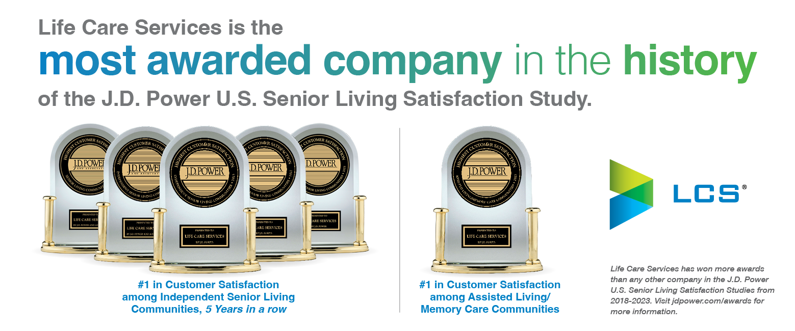 Life Care Services J.D. Power Award displays for highest customer satisfaction in senior living.